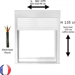 Gefradis Fenêtre PVC 1 vantail avec volet roulant électrique H 135 x L 80 cm pour pose en neuf - tirant gauche- Fenêtre Pvc