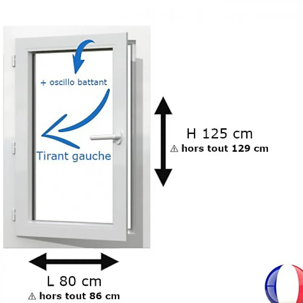 Gefradis Fenêtre Pvc<Fenêtre PVC 1 vantail H 125 x L 80 cm OB pour pose en neuf avec poignée - tirant gauche
