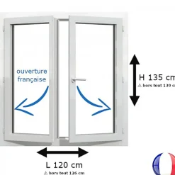 Gefradis Fenêtre PVC 2 vantaux H 135 x L 120 cm OF pour pose en neuf avec poignée- Fenêtre Pvc