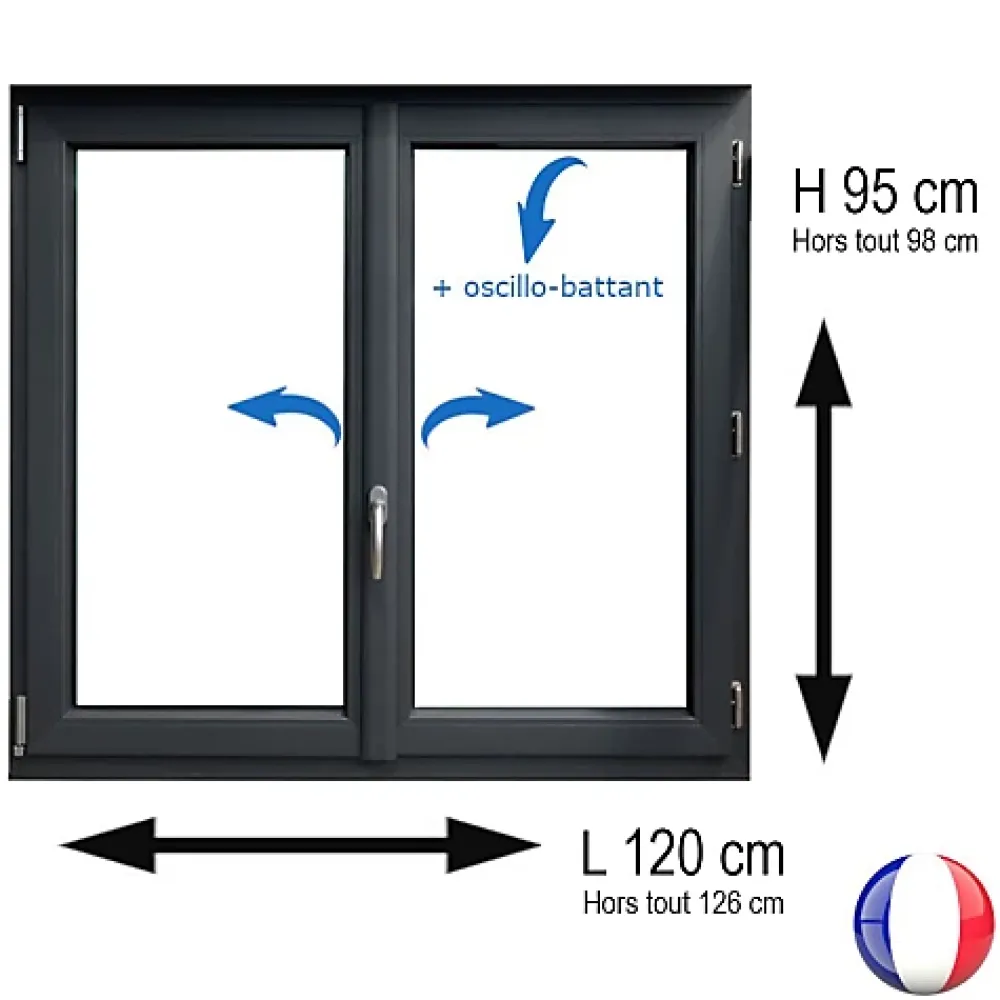 Gefradis Fenêtre PVC 2 vantaux H 95 x L 120 cm OB anthracite pour pose en neuf avec poignée- Fenêtre Pvc