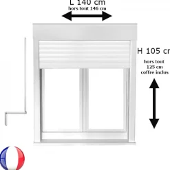 Gefradis Fenêtre PVC 2 vantaux oscillo-battant avec volet roulant manivelle H 105 x L 140 cm pour pose en neuf- Fenêtre Pvc
