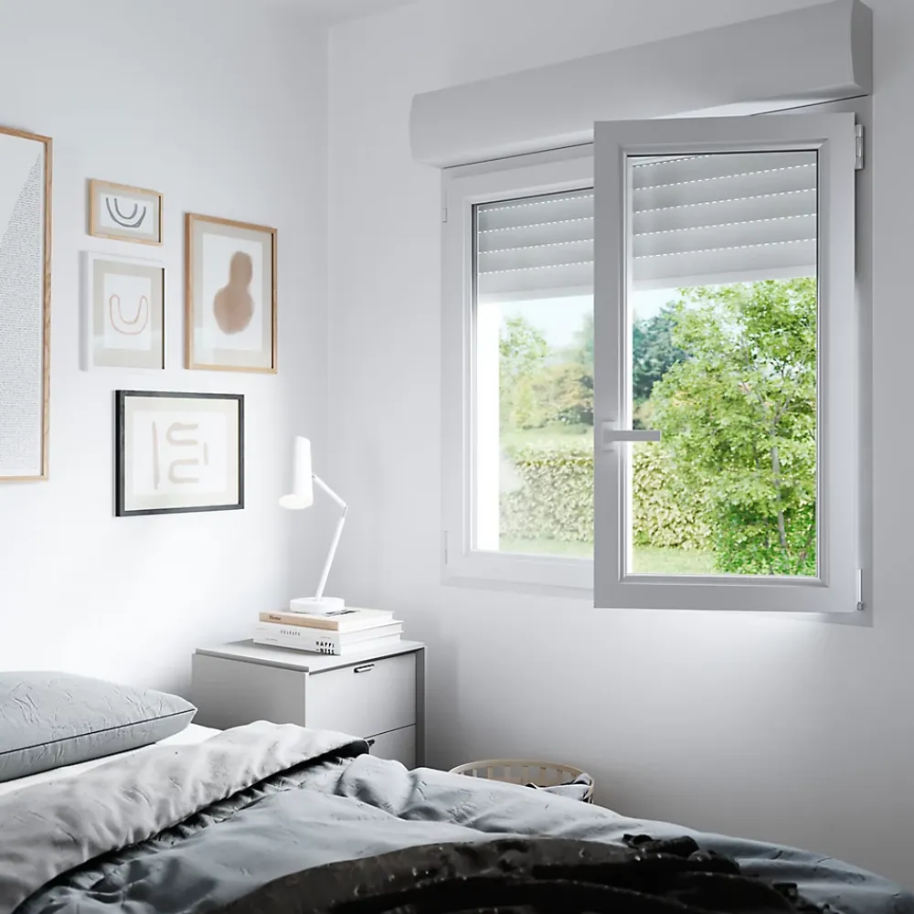 GoodHome Fenêtre PVC 2 vantaux oscillo-battant + volet roulant électrique blanc - l.80 x h.135 cm- Fenêtre Pvc