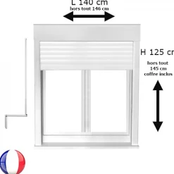 Gefradis Fenêtre PVC avec volet roulant manivelle PVC H 125 x L 140 cm 2 vantaux pour pose en neuf- Fenêtre Pvc