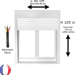 Gefradis Fenêtre PVC avec volet roulant électrique H 105 x L 90 cm 2 vantaux pour pose en neuf- Fenêtre Pvc