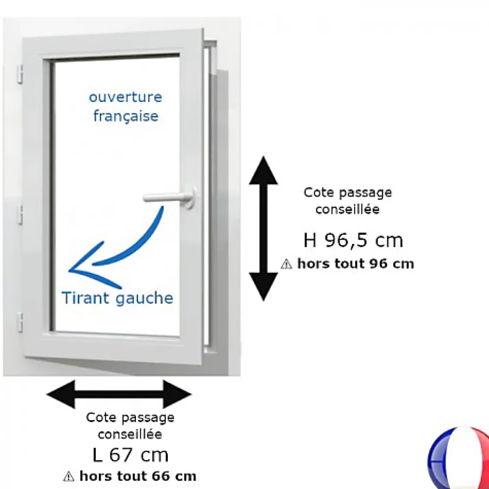 Gefradis Fenêtre PVC blanc 1 vantail hors tout H 96 x L 66 cm ouverture française pour pose rénovation - tirant gauche- Fenêtre Pvc