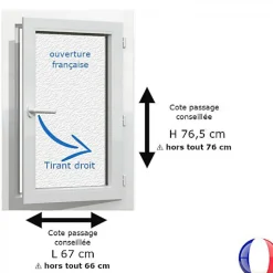 Gefradis Fenêtre Pvc<Fenêtre PVC blanc 1 vantail hors tout H 76 x L 66 cm ouverture française verre brouillé pour pose rénovation - tirant droit