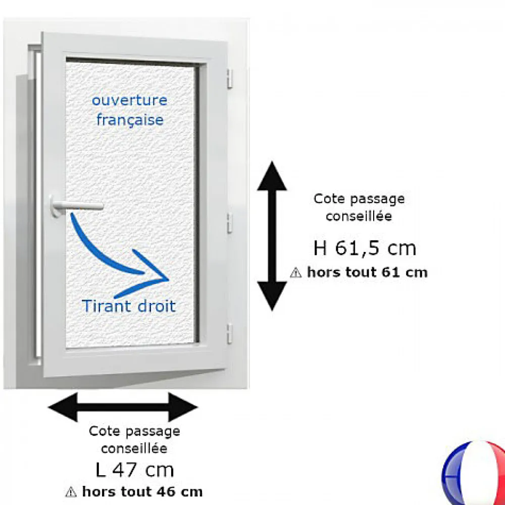 Gefradis Fenêtre PVC blanc 1 vantail hors tout H 61 x L 46 cm ouverture française verre brouillé pour pose rénovation - tirant droit- Fenêtre Pvc
