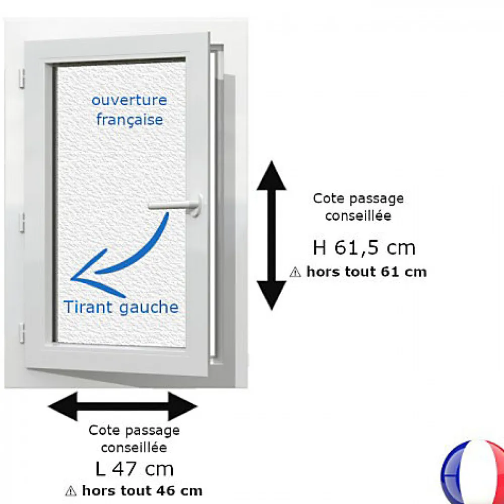 Gefradis Fenêtre Pvc<Fenêtre PVC blanc 1 vantail hors tout H 61 x L 46 cm ouverture française verre brouillé pour pose rénovation - tirant gauche