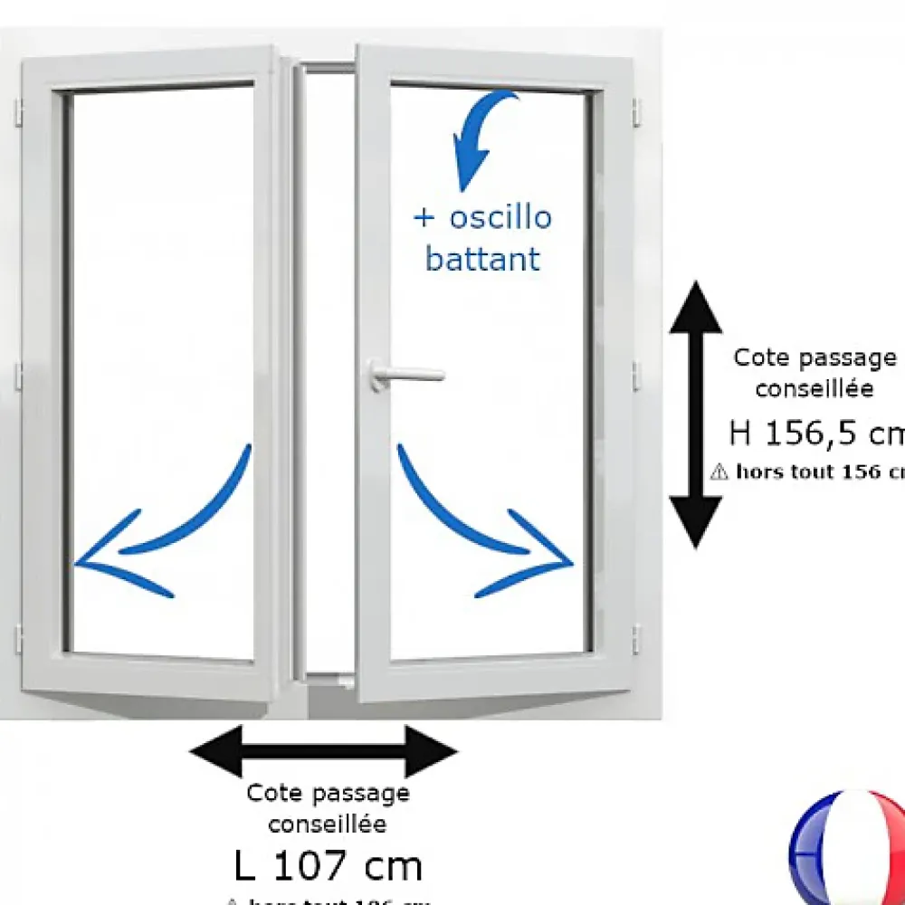 Gefradis Fenêtre PVC blanc 2 vantaux hors tout H 156 x L 106 cm oscillo battant pour pose rénovation- Fenêtre Pvc