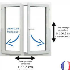 Gefradis Fenêtre PVC blanc 2 vantaux hors tout H 106 x L 116 cm ouverture française pour pose rénovation- Fenêtre Pvc