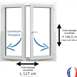 Gefradis Fenêtre PVC blanc 2 vantaux hors tout H 196 x L 116 cm ouverture française pour pose rénovation- Fenêtre Pvc