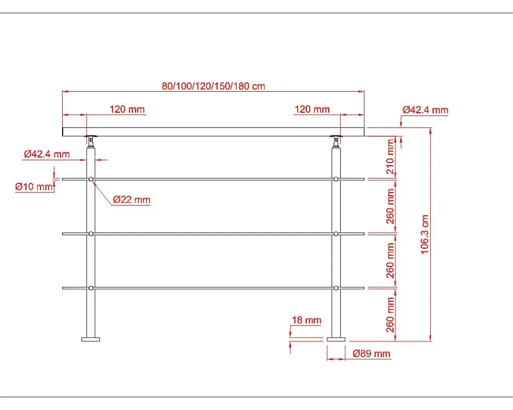 AICA Sanitaire Accessoire D'Escalier<Garde-corps avec main courante, 100cm, en acier inoxydable 304, garde-corps avec 3 traverses, pour intérieur et extérieur