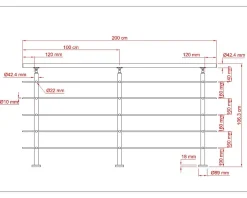 AICA Sanitaire Accessoire D'Escalier<Garde-corps avec main courante, 200cm, en acier inoxydable 304, garde-corps avec 5 traverses, pour intérieur et extérieur