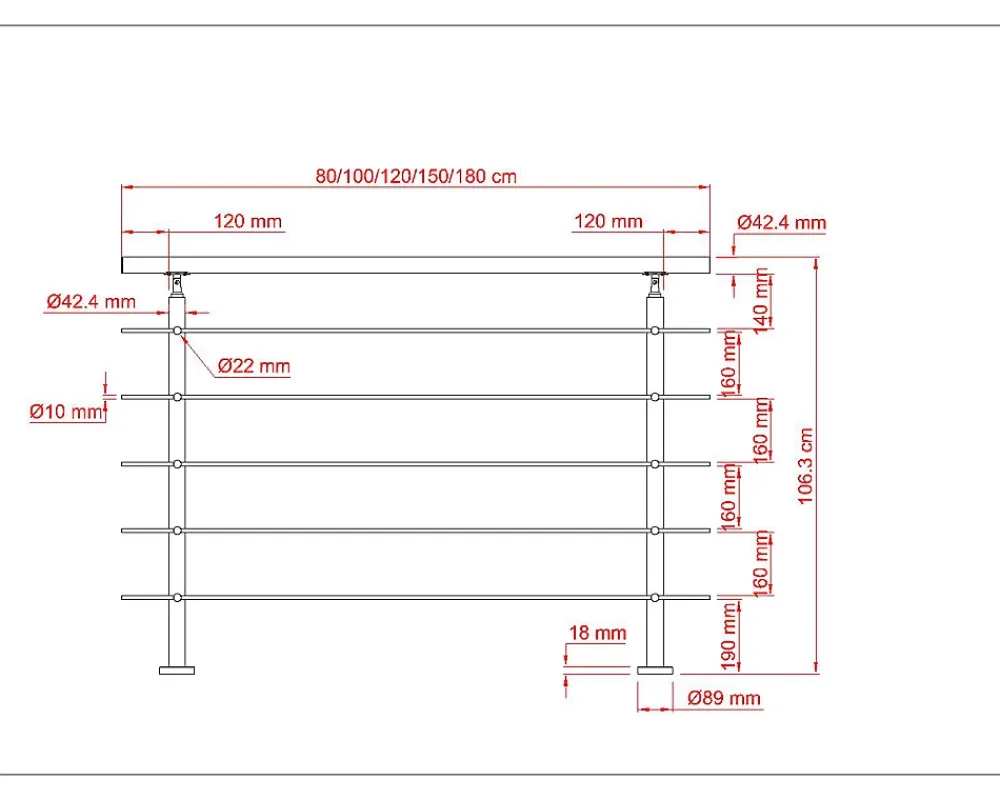 AICA Sanitaire Garde-corps avec main courante, 80cm, en acier inoxydable 304, garde-corps avec 5 traverses, pour intérieur et extérieur- Accessoire D'Escalier