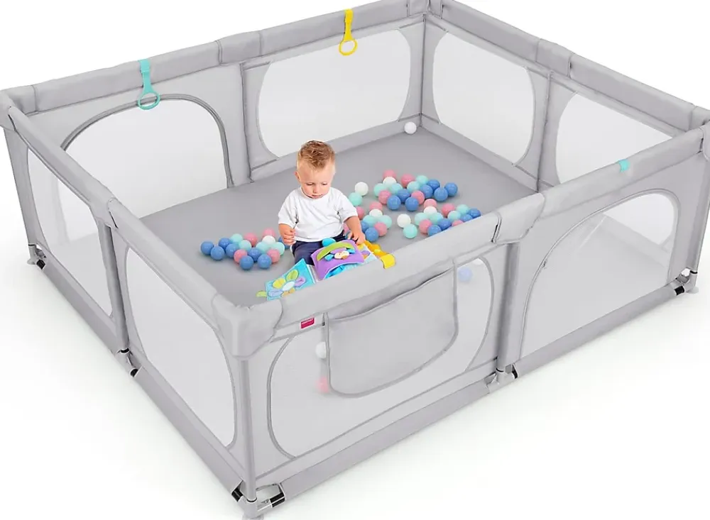 Giantex Barrière De Sécurité<Grand Parc Bébé Centre Activités Base Antidérapante Paroi en Maille Respirante Portes Zippées 50 Balles Océaniques Gris