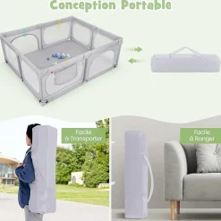 Giantex Barrière De Sécurité<Grand Parc Bébé Centre Activités Base Antidérapante Paroi en Maille Respirante Portes Zippées 50 Balles Océaniques Gris