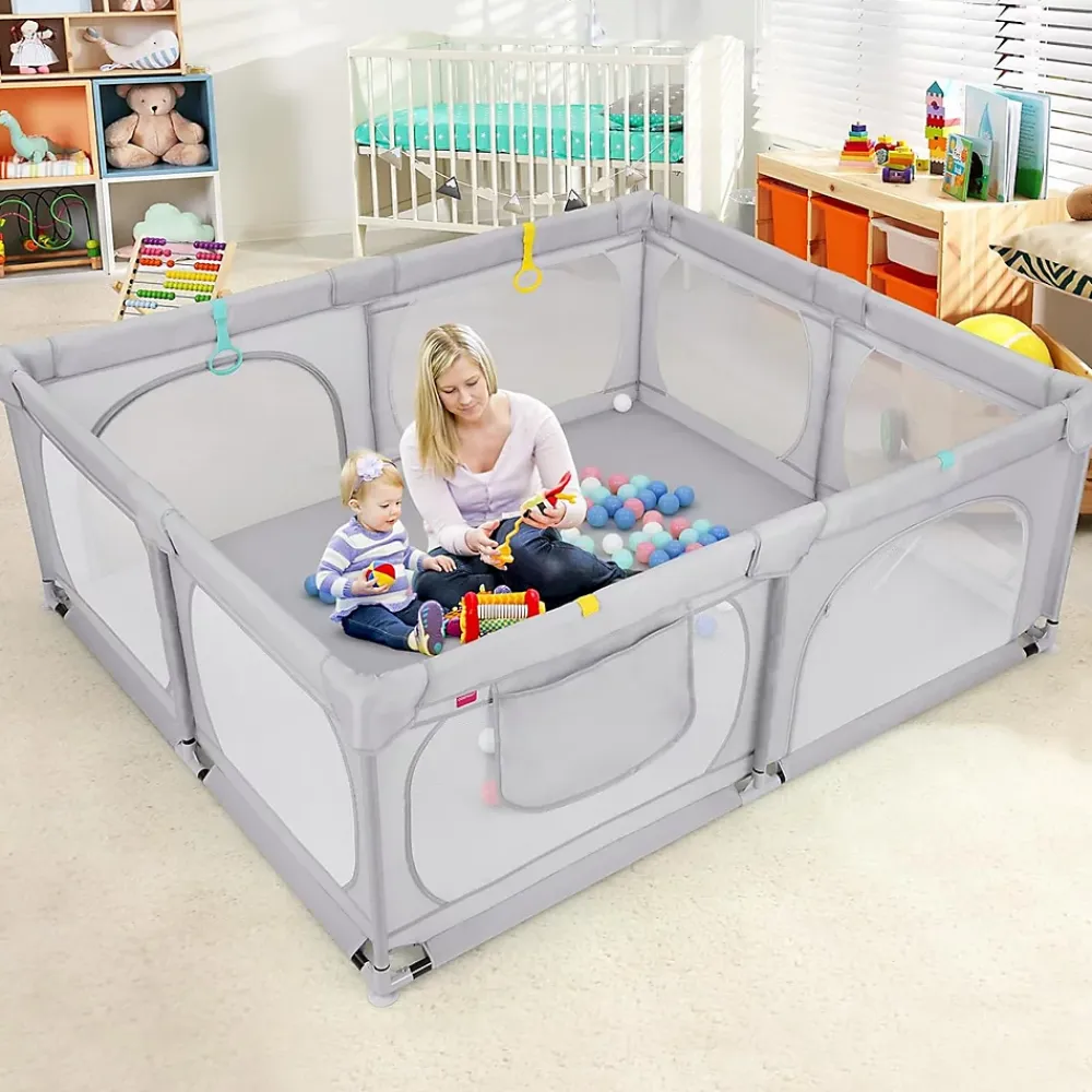 Giantex Barrière De Sécurité<Grand Parc Bébé Centre Activités Base Antidérapante Paroi en Maille Respirante Portes Zippées 50 Balles Océaniques Gris
