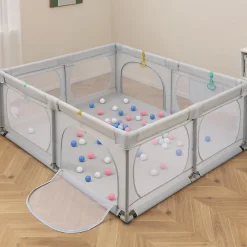 Giantex Barrière De Sécurité<Grand Parc Bébé Centre Activités Base Antidérapante Paroi en Maille Respirante Portes Zippées 50 Balles Océaniques Gris
