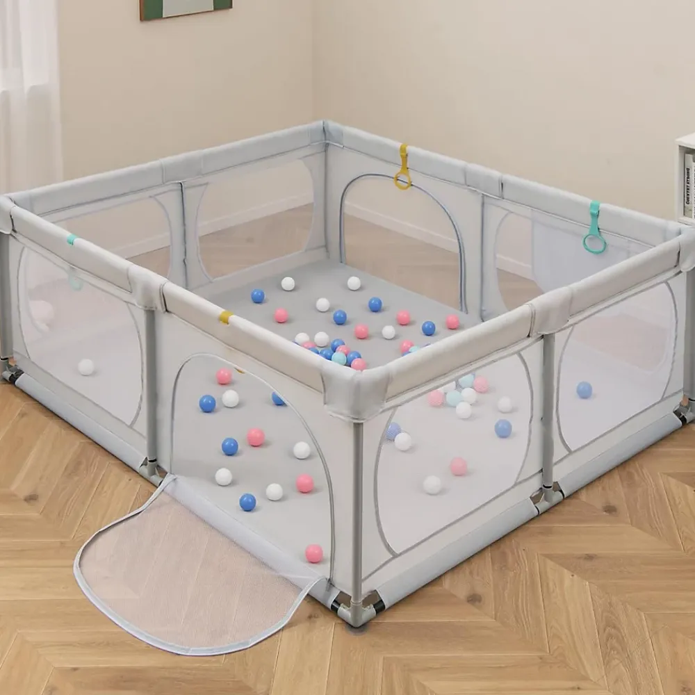 Giantex Barrière De Sécurité<Grand Parc Bébé Centre Activités Base Antidérapante Paroi en Maille Respirante Portes Zippées 50 Balles Océaniques Gris
