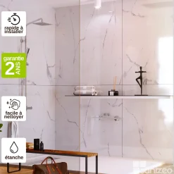 Kobert-in Kit de 2 Panneaux d'Habillage Décoratif Mural Douche, L120xl120x0.4 cm, finition marbre blanc, Mud White KOBERTIN- Panneau Mural De Salle De Bains
