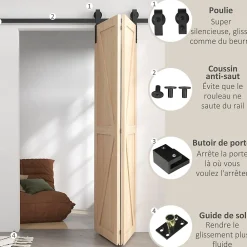 Homcom Porte Coulissante<Kit de porte coulissante compatible porte ép. 40-55 mm longueur rail 1,52 m charge max. 90 Kg acier au carbone noir