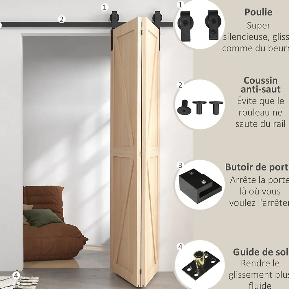 Homcom Porte Coulissante<Kit de porte coulissante compatible porte ép. 40-55 mm longueur rail 1,52 m charge max. 90 Kg acier au carbone noir