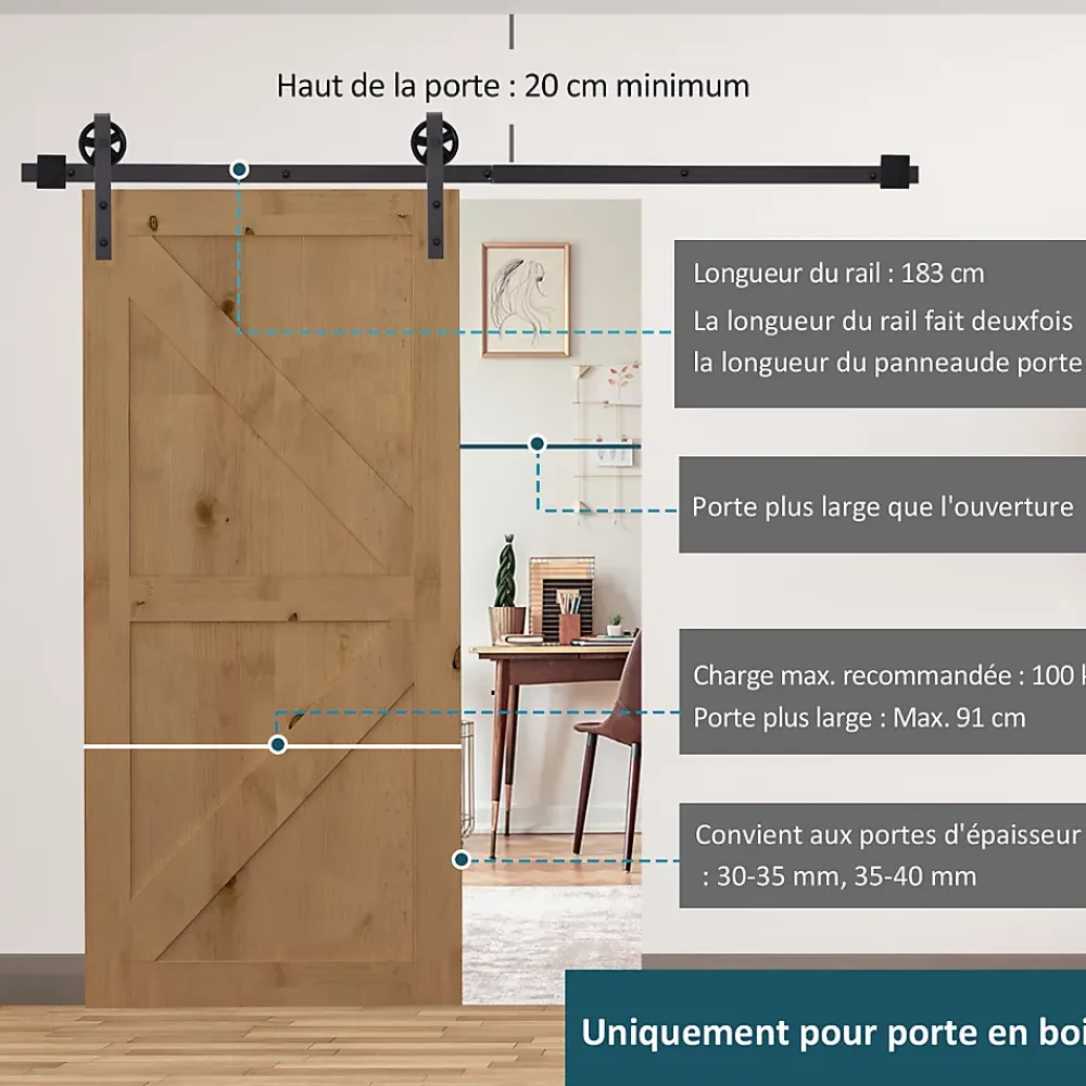 Homcom Kit de porte coulissante compatible porte ép. 35-45 ou 40-45 mm longueur rail 1,83 m charge max. 100 Kg acier brun- Porte Coulissante