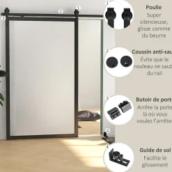 HOMCOM Kit de porte coulissante système galandage pour porte ép. 40-55 mm longueur rail 2,44 m charge max. 90 Kg acier au carbone noir- Porte Coulissante