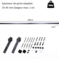 Homcom Kit de porte coulissante compatibilité porte d'une épaisseur de 35-45 mm et largeur max. 1 m charge max. 100 Kg acier brun foncé- Porte Coulissante