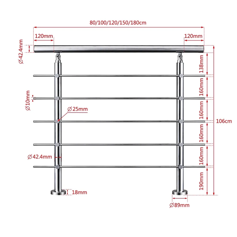 Saniland Kit garde corps en acier inoxydable a 5 traverses Longueur 120 cm Balustrade a fixation a plat pour terrasse ou escalier- Garde-Corps, Balustrade