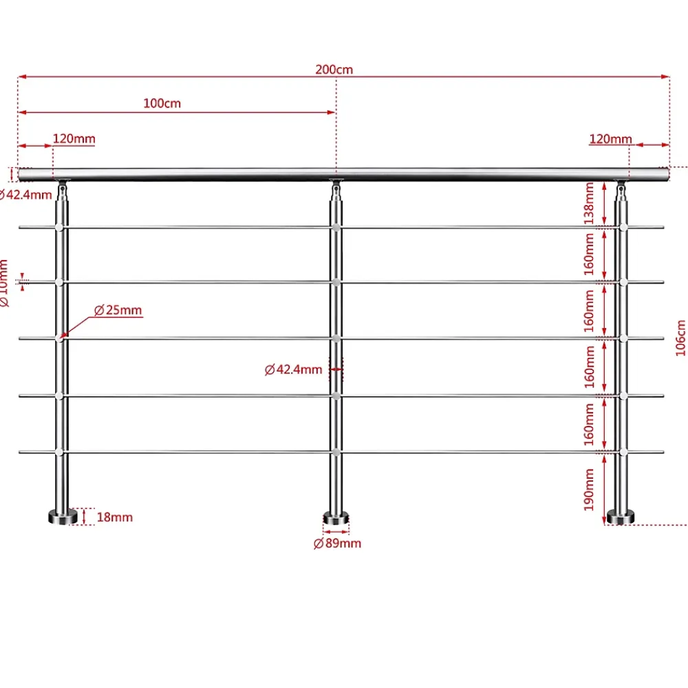 Saniland Kit garde corps en acier inoxydable a 5 traverses Longueur 100 cm Balustrade a fixation a plat pour terrasse ou escalier- Garde-Corps, Balustrade