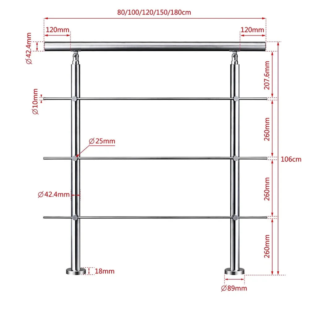 Saniland Garde-Corps, Balustrade<Kit garde corps en acier inoxydable a 3 traverses Longueur 200 cm Balustrade a fixation a plat pour terrasse ou escalier