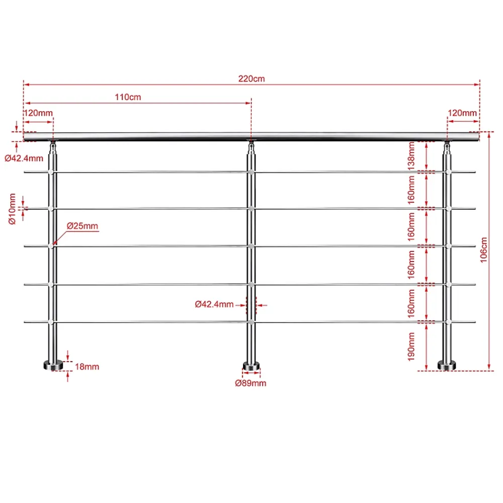 AICA Sanitaire Accessoire D'Escalier<Kit garde-corps 5 barres rondes 2.2m Acier Inox 201 Argent - Installation verticale - Usage intérieur et extérieur