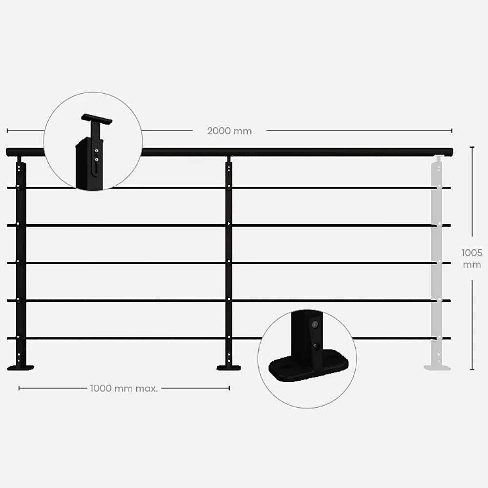 Kordo Kit garde-corps aluminium noir 2m pose à plat, Initio- Garde-Corps, Balustrade