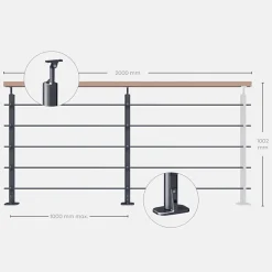 Kordo Kit garde-corps anthracite avec main courante hêtre 2m pose à plat, Opalu- Garde-Corps, Balustrade