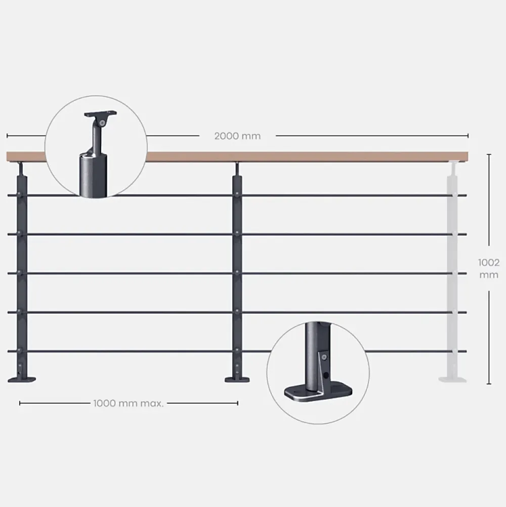 Kordo Kit garde-corps anthracite avec main courante hêtre 2m pose à plat, Opalu- Garde-Corps, Balustrade