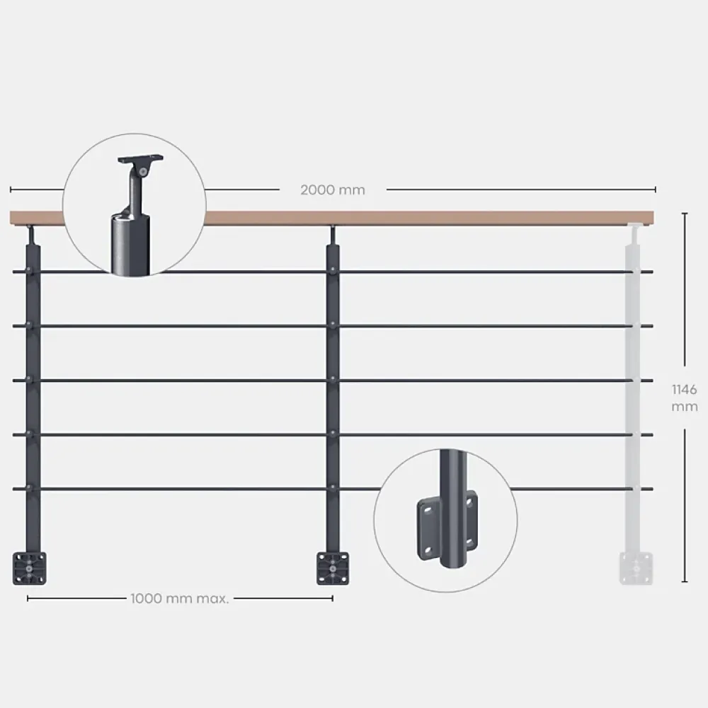 Kordo Kit garde-corps anthracite avec main courante hêtre 2m pose en applique, Opalu- Garde-Corps, Balustrade