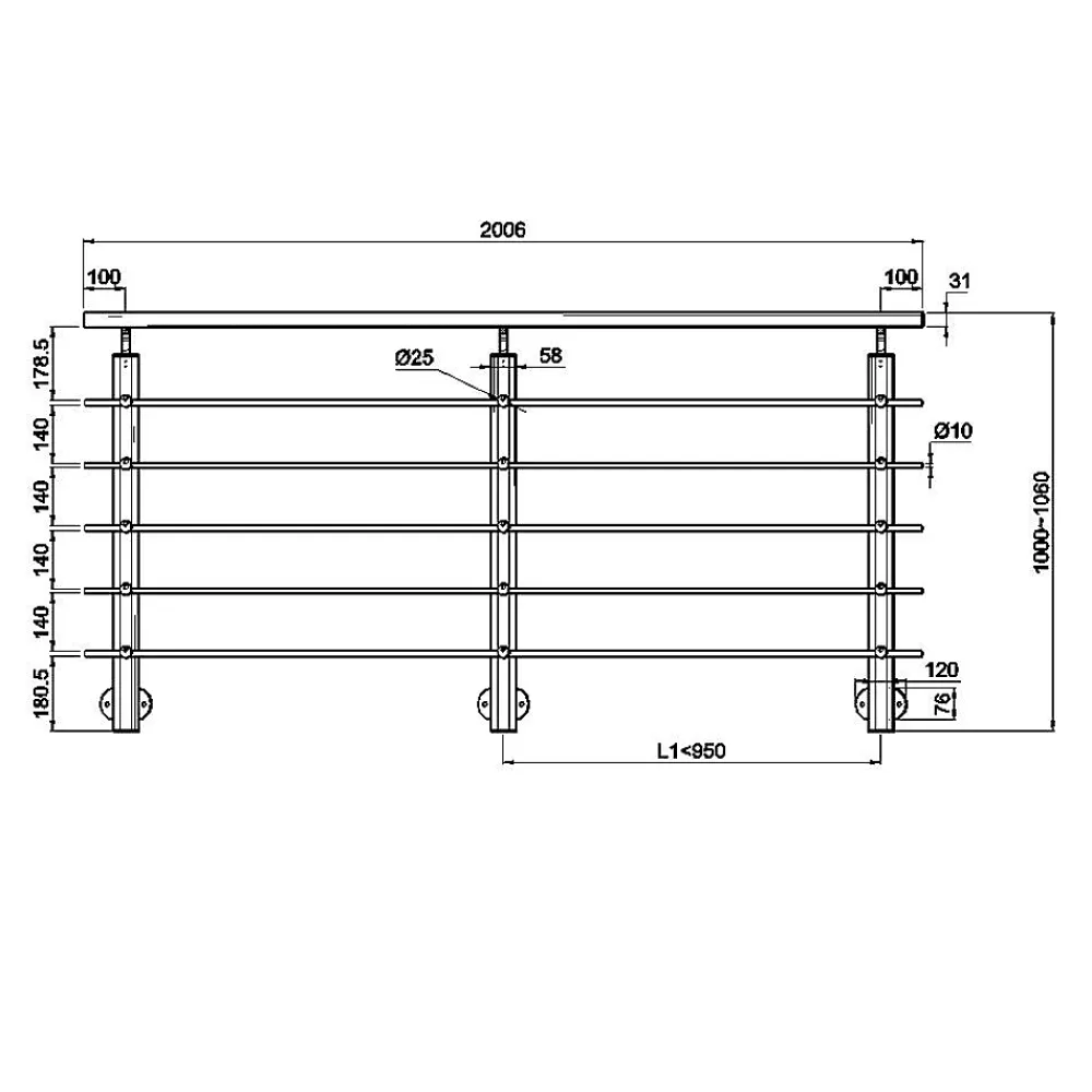 Saniland Kit Garde-corps 2ml garde-corps avec 5 traverses fixation latérale en aluminium Gris mat- Garde-Corps, Balustrade