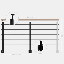 Kordo Kit garde-corps noir avec main courante hêtre 2m pose en applique, Opalu- Garde-Corps, Balustrade