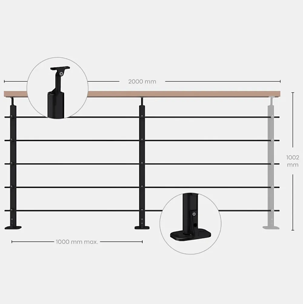 Kordo Garde-Corps, Balustrade<Kit garde-corps noir avec main courante hêtre 2m pose à plat, Opalu