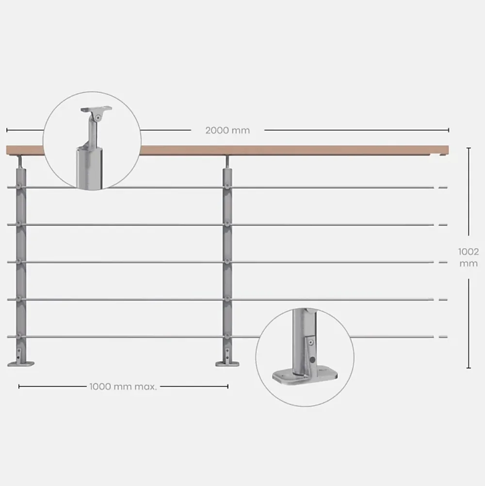 Kordo Kit garde-corps silver avec main courante hêtre 2m pose à plat, Opalu- Garde-Corps, Balustrade