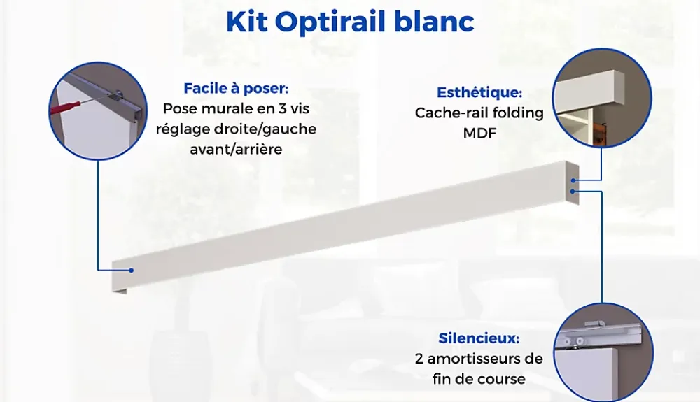 Optimum Kit porte coulissante 4 lignes - blanc lignée - + rail 2 amortisseurs + cache rail blanc - H 204 cm x L 83 cm- Porte Coulissante