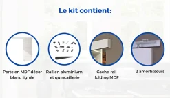 Optimum Kit porte coulissante 4 lignes - blanc lignée - + rail 2 amortisseurs + cache rail blanc - H 204 cm x L 83 cm- Porte Coulissante