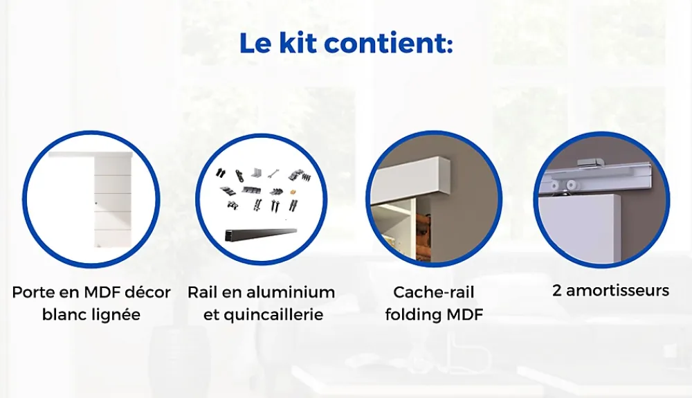 Optimum Kit porte coulissante 4 lignes - blanc lignée - + rail 2 amortisseurs + cache rail blanc - H 204 cm x L 83 cm- Porte Coulissante