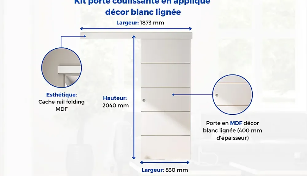 Optimum Kit porte coulissante 4 lignes - blanc lignée - + rail 2 amortisseurs + cache rail blanc - H 204 cm x L 83 cm- Porte Coulissante