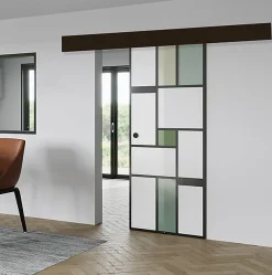 Aurys KIT Porte coulissante en verre + Rail à pince Noir Coffrage - MONDO OPAQUE VERTE - H. 204 x L. 93 cm - Fabrication Française- Porte Coulissante