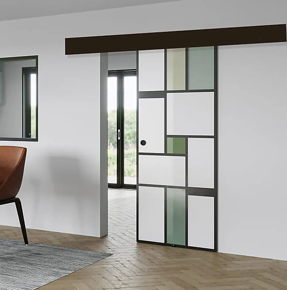 Aurys KIT Porte coulissante en verre + Rail à pince Noir Coffrage - MONDO OPAQUE VERTE - H. 204 x L. 93 cm - Fabrication Française- Porte Coulissante