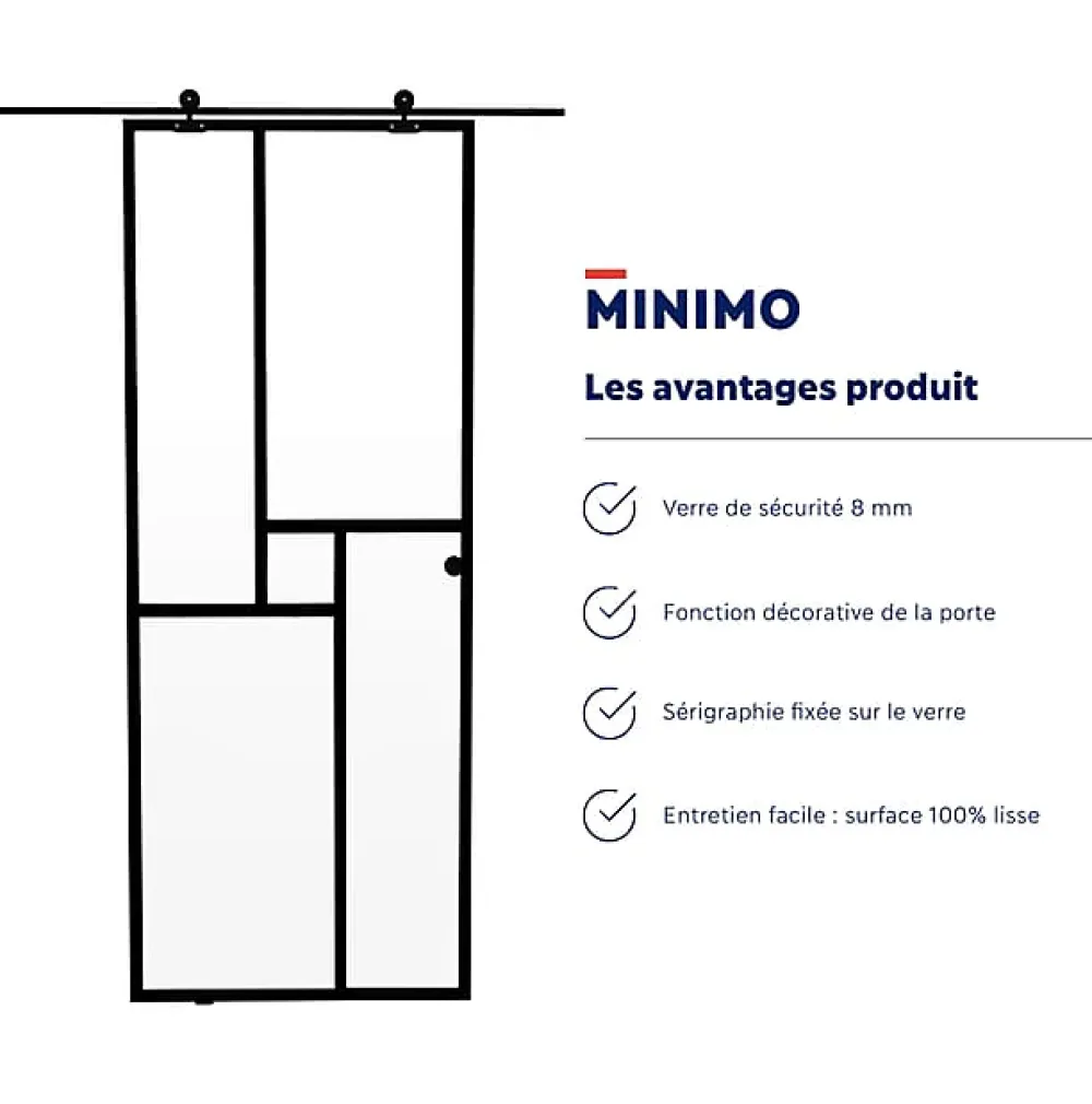 Aurys Kit Porte coulissante en verre + Rail coulissant - MINIMO - H. 204 x L. 73 cm - Fabrication Française NORMANDIE- Porte Coulissante
