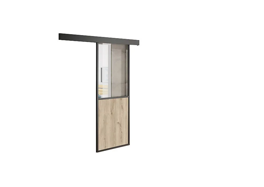 Optimum Kit porte coulissante en applique Contemporain noir chêne terra cadre en aluminium et verre transparent H 204 x 93 x 3,6 cm- Porte Coulissante