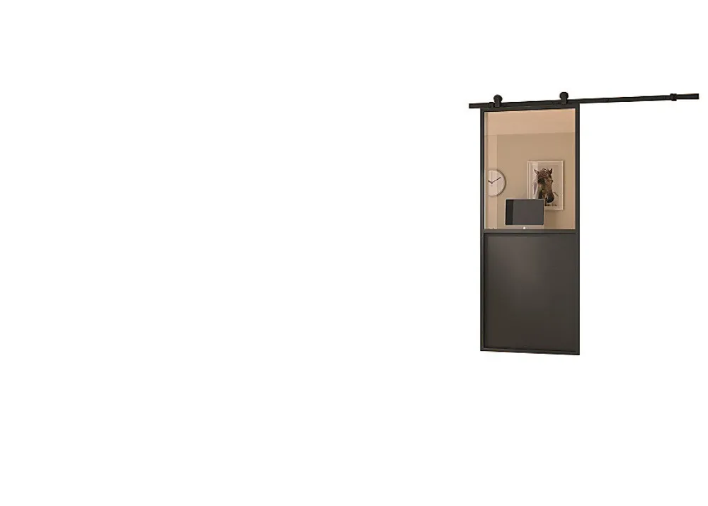 Optimum Kit porte Coulissante en applique Contemporain noir cadre en aluminium et verre transparent H. 204 X 93 X 3,6 Cm- Porte Coulissante